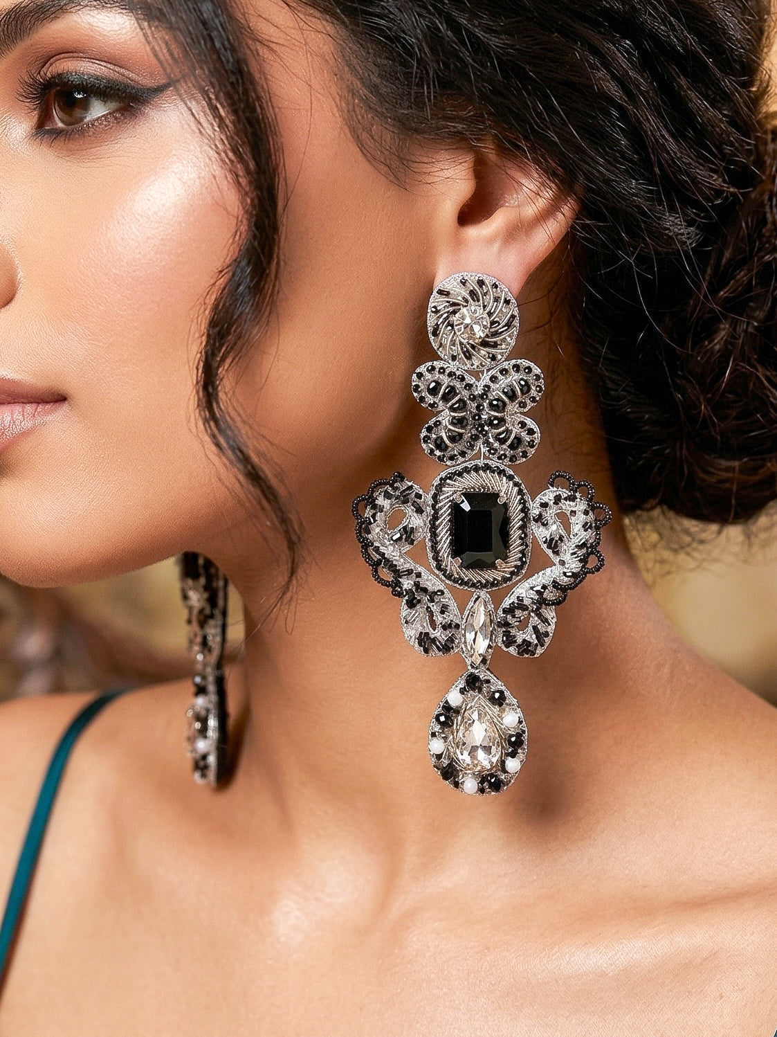 Aashna Silver Black Handmade Beaded Statement Earrings