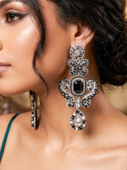 Aashna Silver Black Handmade Beaded Statement Earrings