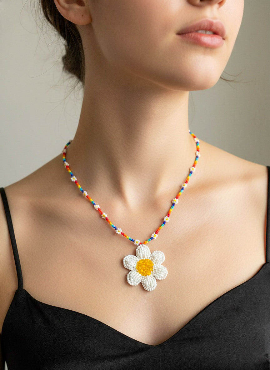 Spring Bloom Rainbow Daisy Handmade Beaded Necklace
