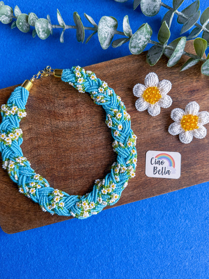 Luxe Flora Aqua Blue Handmade Beaded Necklace + Earrings Set