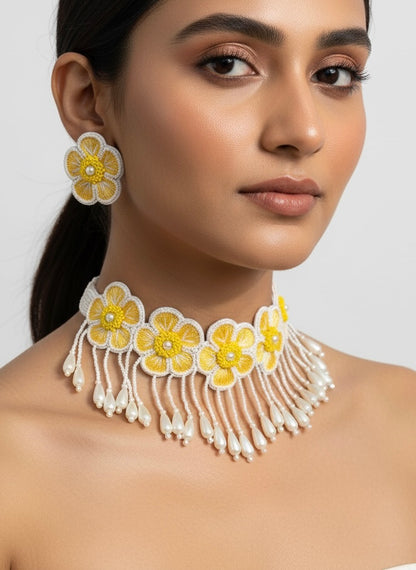 Sunshine Blossom Handmade Choker Necklace + Earrings Set