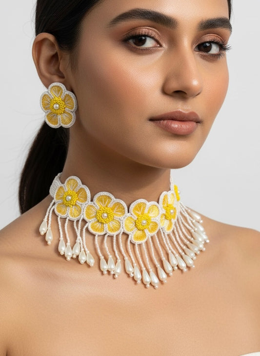 Sunshine Blossom Handmade Choker Necklace + Earrings Set