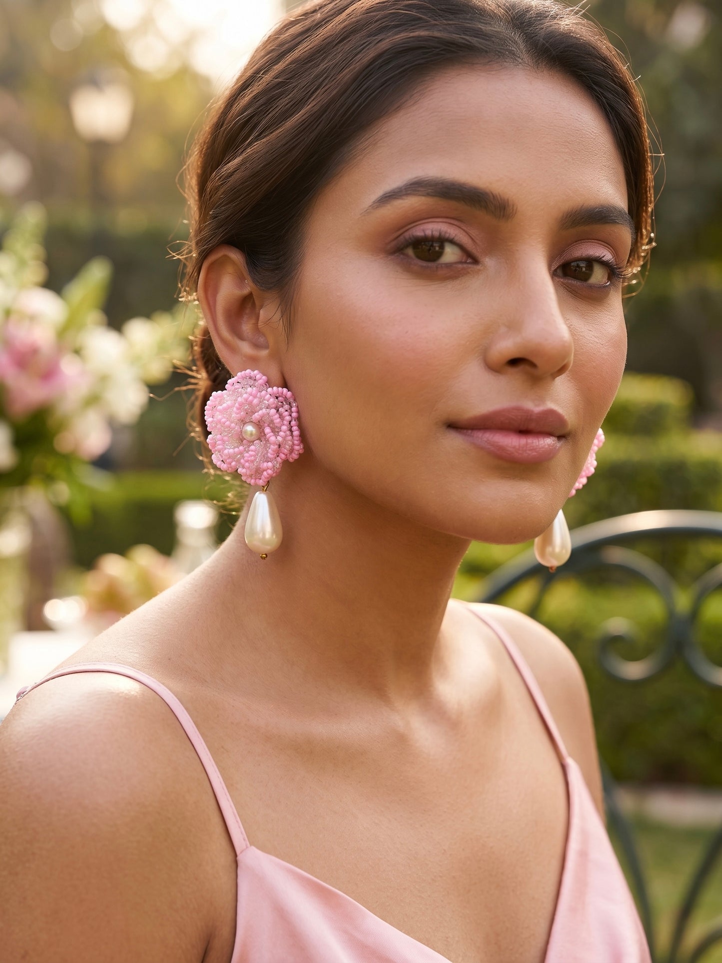Crochet Blush Pink 3D Rose Pearl Drops Flower Handmade Beaded Earrings
