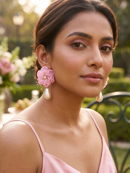 Crochet Blush Pink 3D Rose Pearl Drops Flower Handmade Beaded Earrings