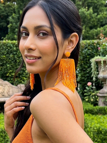 Luxe Sunset Orange Handmade Beaded Tassel Earrings