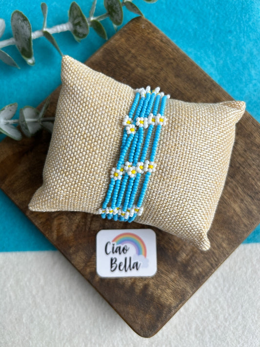 Spring Bloom Blue White Daisy Handmade Beaded Bracelet