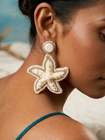 Ivory Pearl Glam Starfish Handmade Beaded Earrings