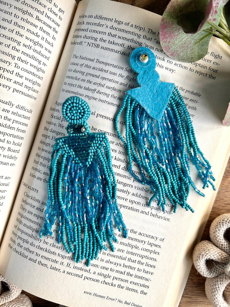 Tropical Teal Handmade Beaded Tassel Earrings