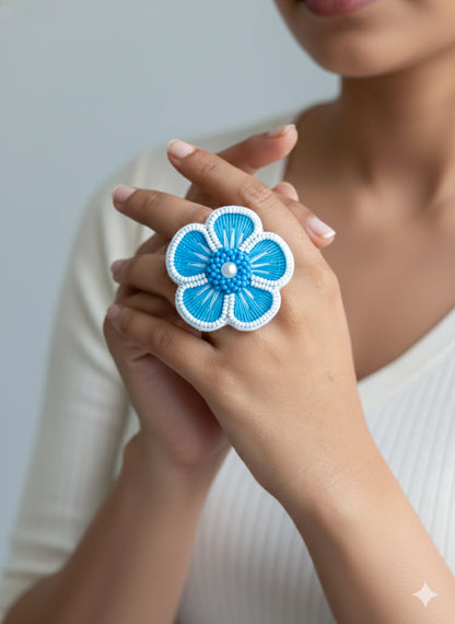 Cool Blue Blossom Handmade Beaded Ring
