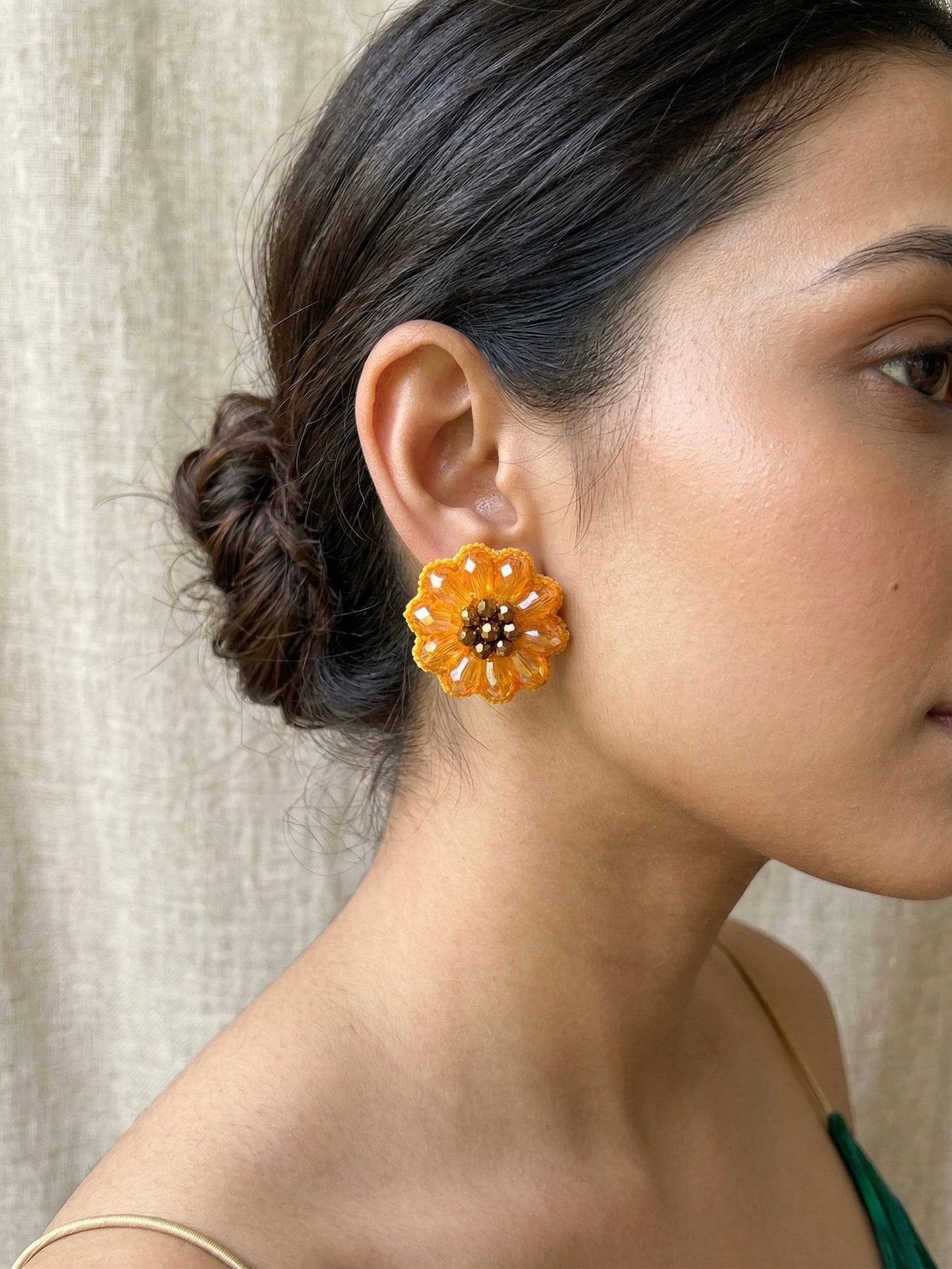 Sparkling Yellow Sunflower Handmade Beaded Stud Earrings