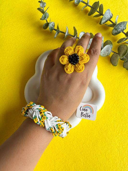 Luxe Flora Sunflower Handmade Beaded Bracelet + Ring Combo