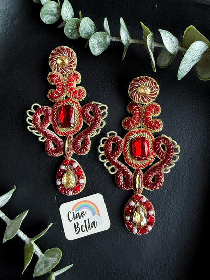 Aashna Red Gold Handmade Beaded Statement Earrings