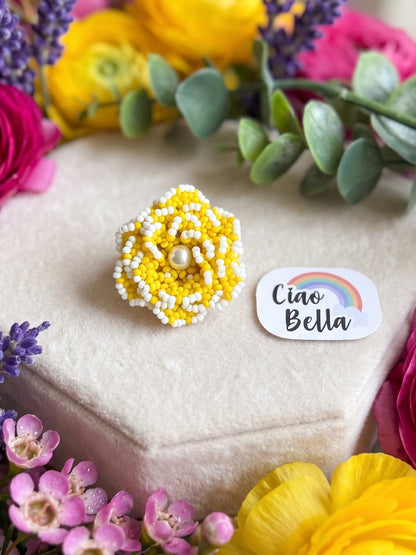 Crochet Yellow White 3D Rose Flower Handmade Beaded Ring