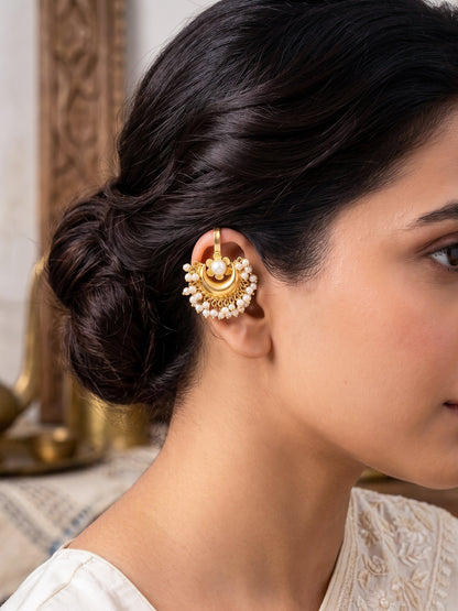 Noor Crescent Bugadi Pearl Handmade Brass Earrings