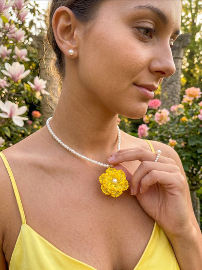 Crochet Yellow 3D Rose Flower Handmade Beaded Necklace