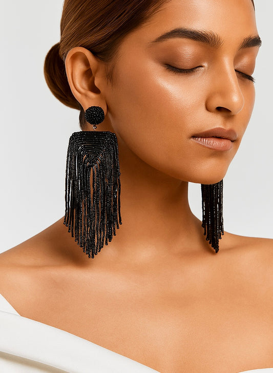 Luxe Midnight Black Handmade Beaded Tassel Earrings