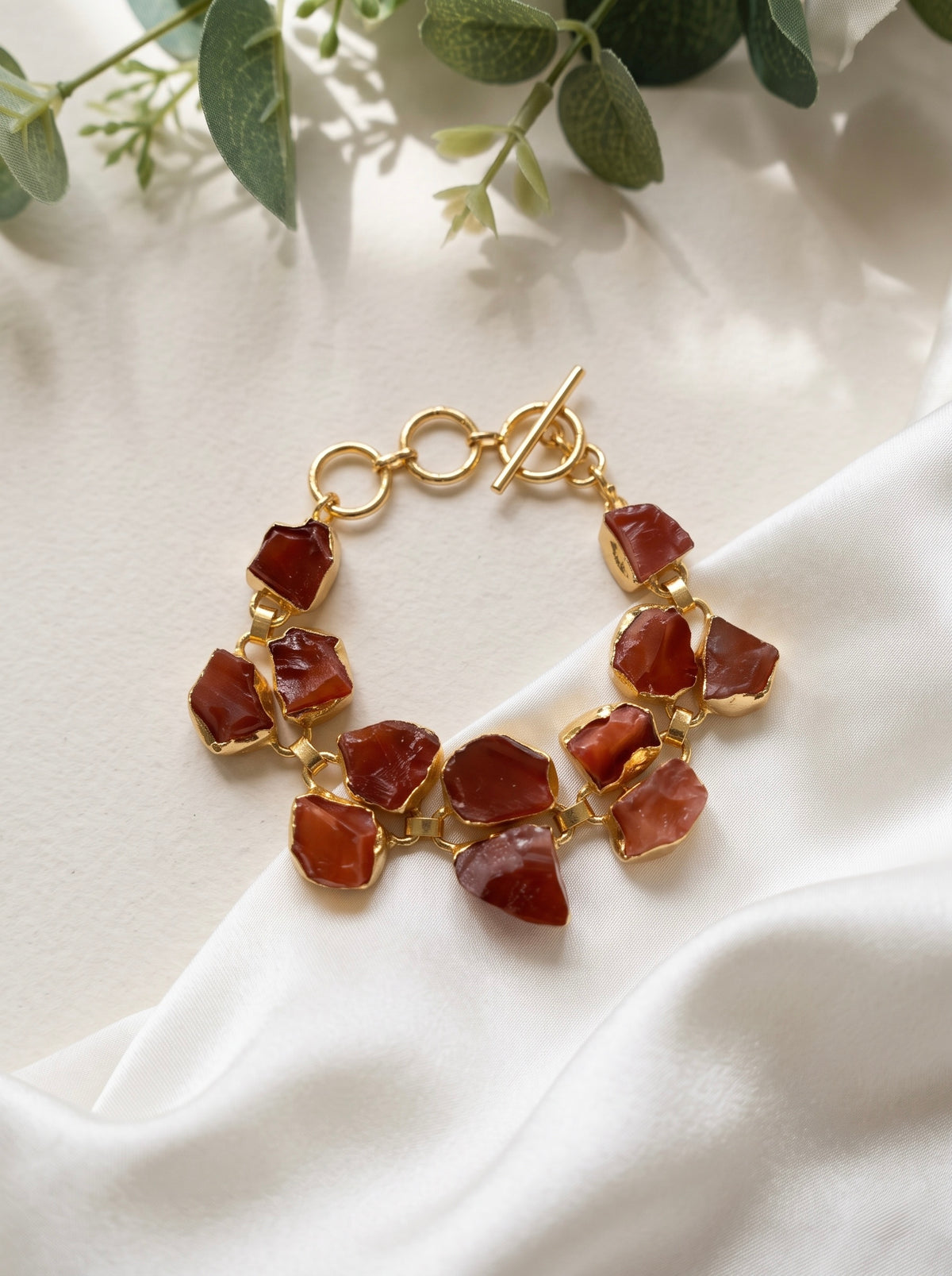 Luxe Agate Rust Orange Natural Stone Statement Handmade Brass Chain Bracelet