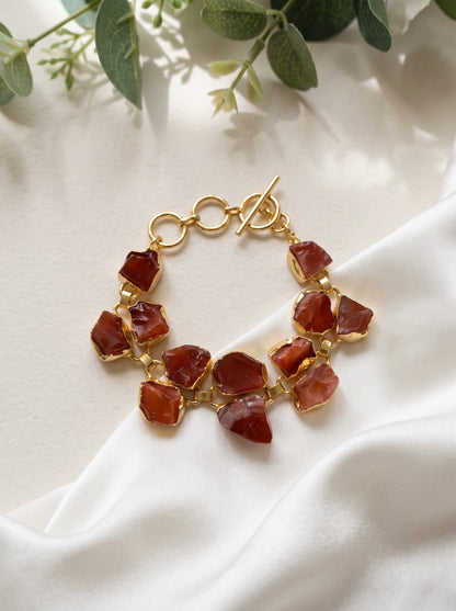 Luxe Agate Rust Orange Natural Stone Statement Handmade Brass Chain Bracelet