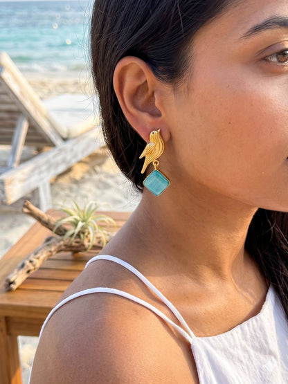 Hello Birdie Handmade Brass Earrings - Aqua Diamond