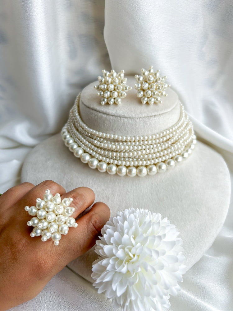 Ruhani Pearl Handmade Necklace + Earrings + Ring Set