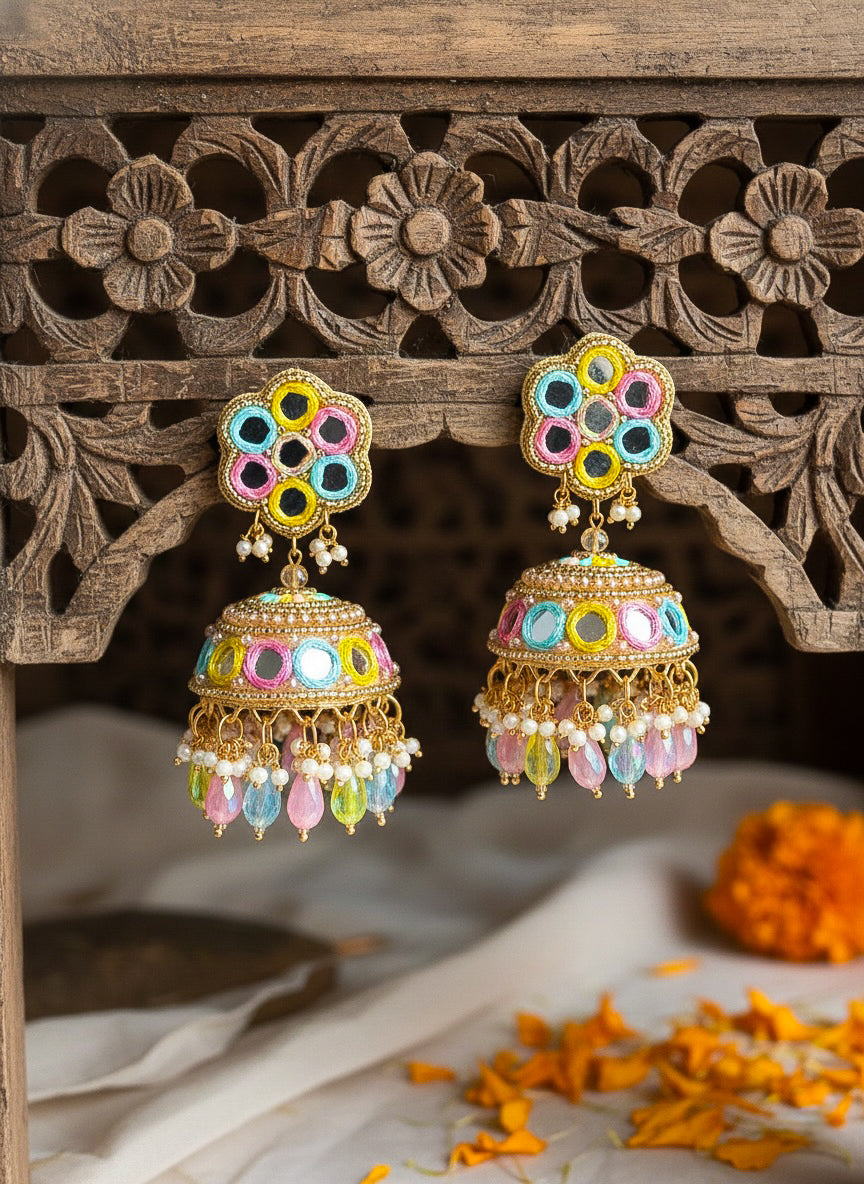 Phuljhadi Mirror Handmade Beaded Jhumka Earrings