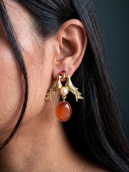Love Birds Rust Orange Monalisa Stone Handmade Brass Earrings