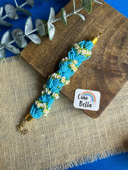 Luxe Flora Aqua Blue Handmade Beaded Bracelet + Ring Combo