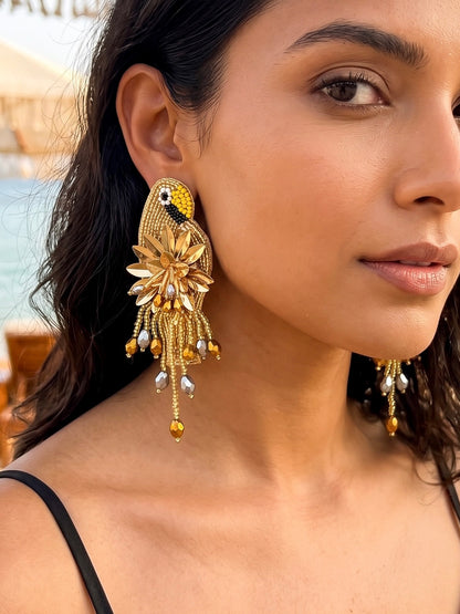 Luxe Paradise Golden Parrot Earrings Handmade Beaded Bird Earrings