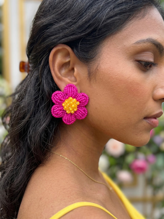 Pink Daisy Stud Handmade Beaded Flower Earrings