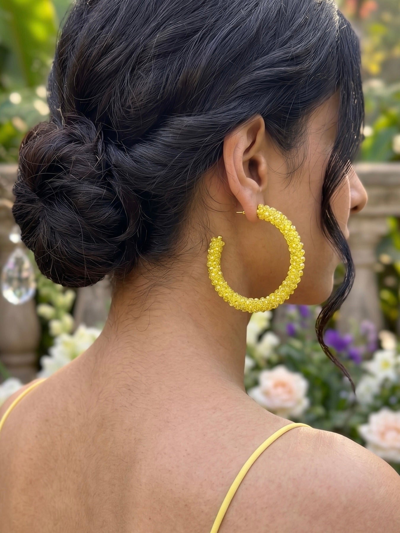 Woven Yellow Crystal Handmade Beaded Hoop Earrings