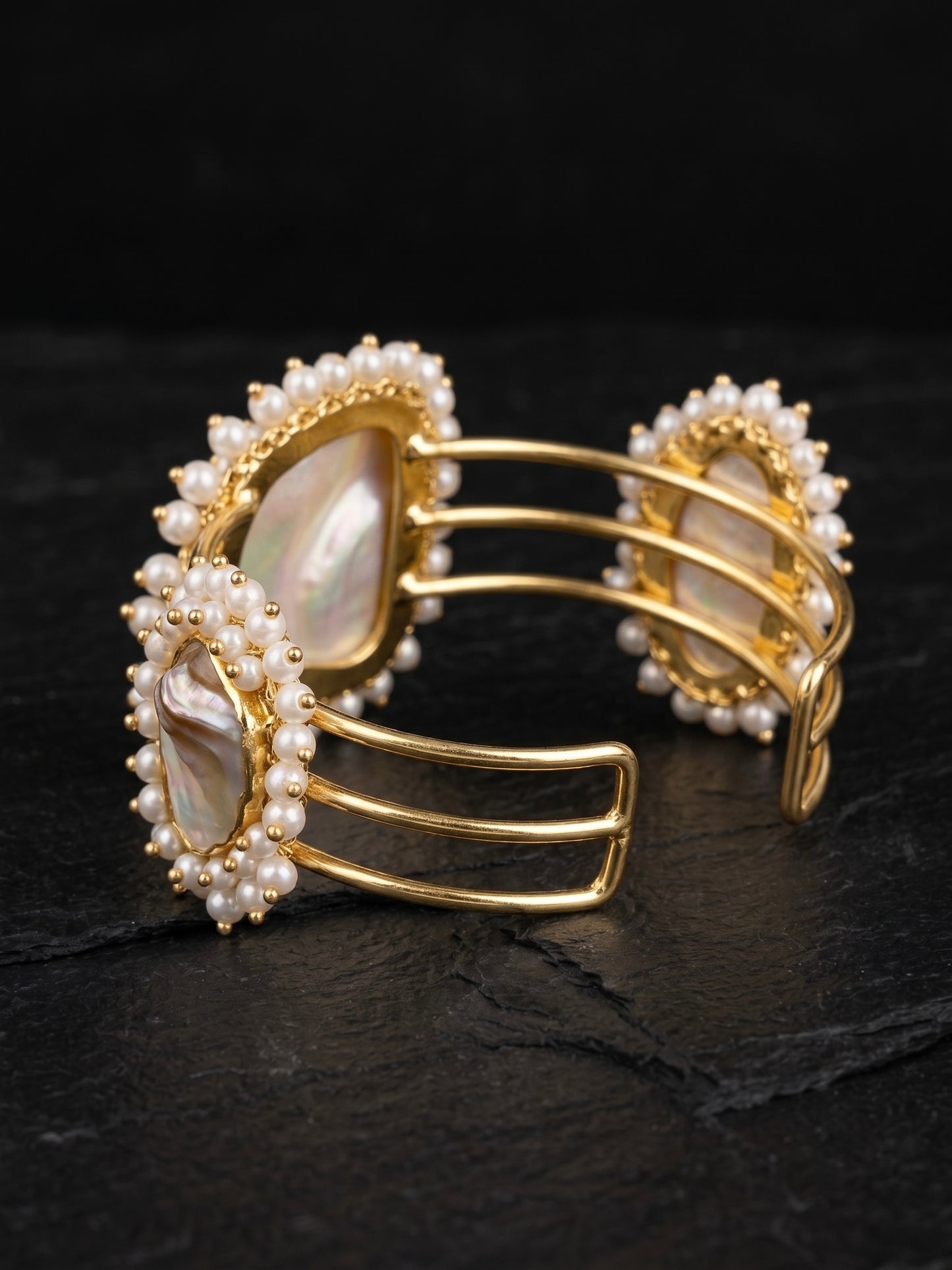 Baroque Mother of Pearl Handmade Brass Cuff Bracelet