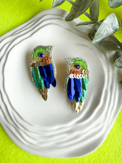 Chirpy Forest Green Blue Parrot Handmade Beaded Bird Earrings