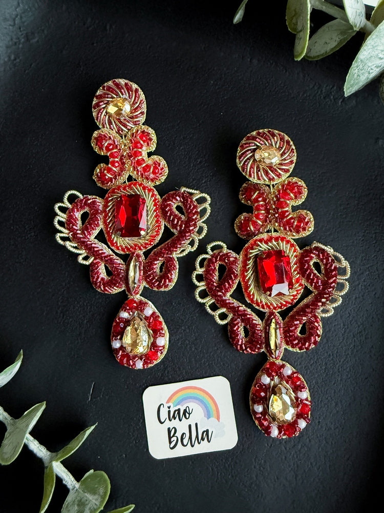 Aashna Red Gold Handmade Beaded Statement Earrings