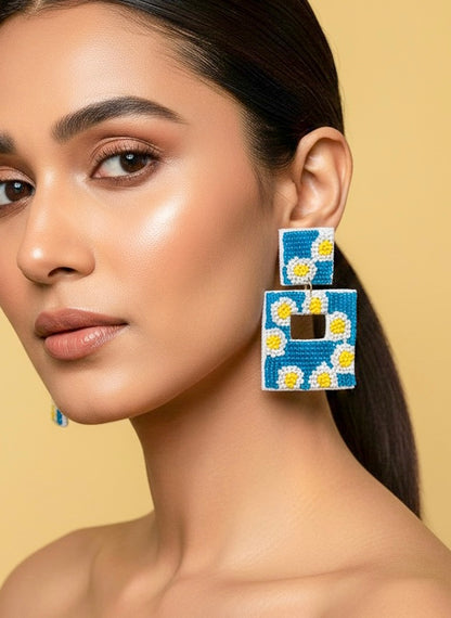 Turquoise Sun-Kissed Handmade Beaded Flower Earrings
