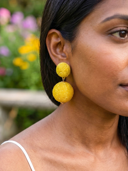 Sunshine Yellow Round Drop Handmade Beaded Earrings