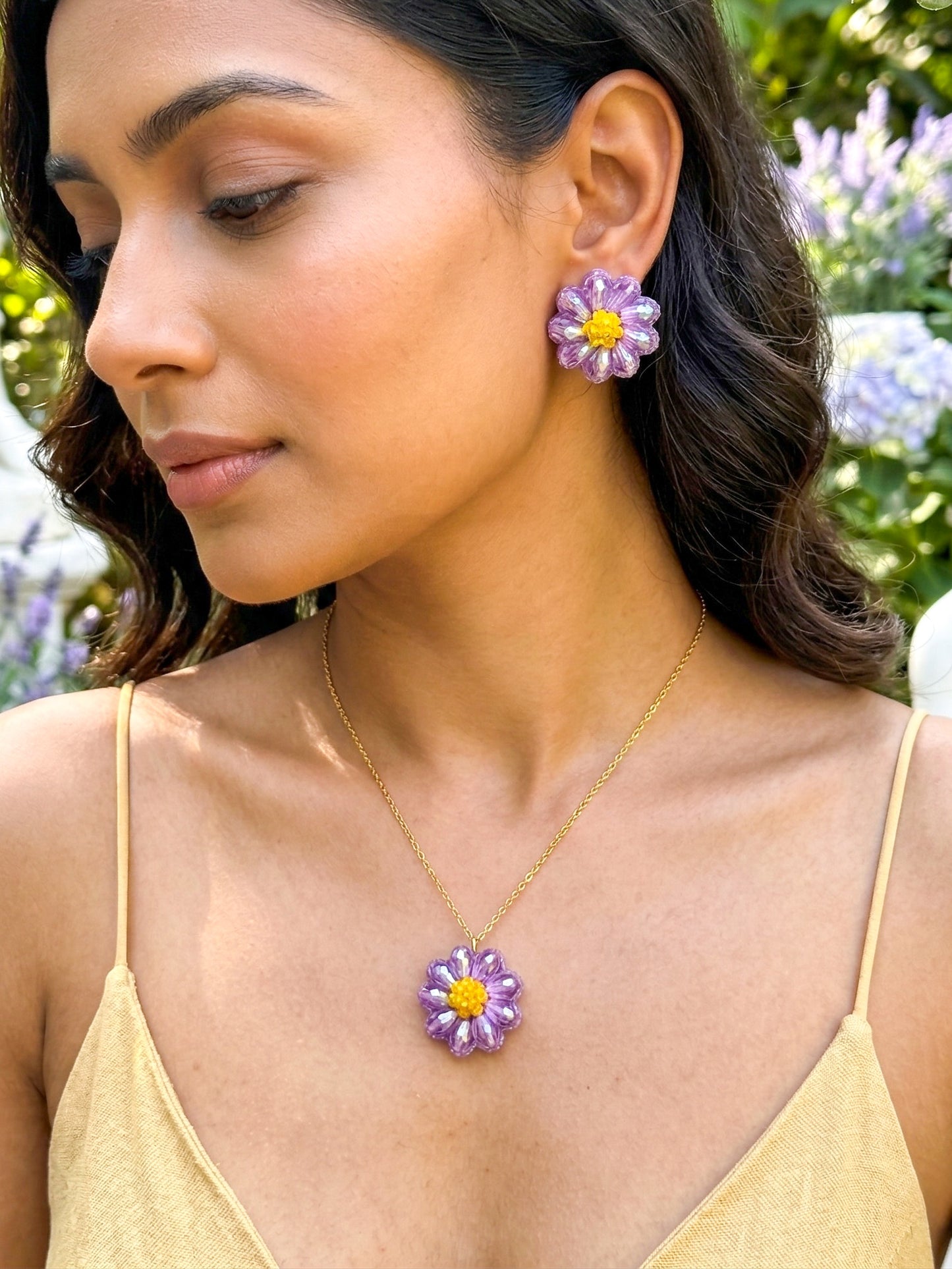 Sparkling Lilac Purple Flower Handmade Beaded Necklace + Earrings Set