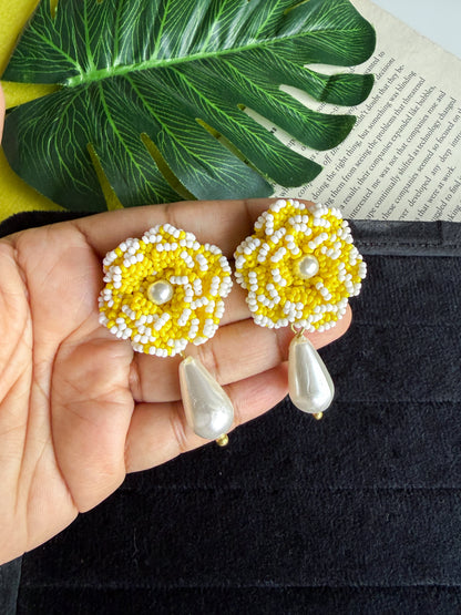 Crochet Yellow White 3D Rose Pearl Drops Flower Handmade Beaded Earrings