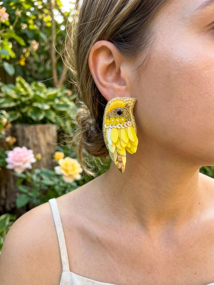 Chirpy Sunny Yellow Parrot Handmade Beaded Bird Earrings