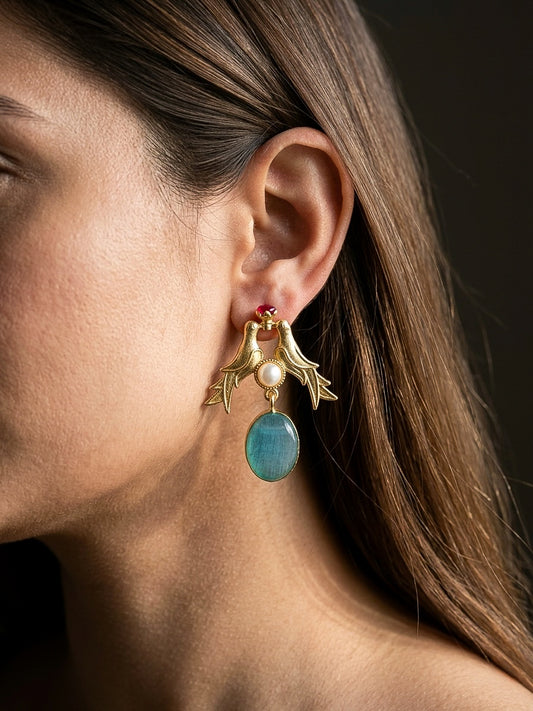 Love Birds Aqua Blue Monalisa Stone Handmade Brass Earrings