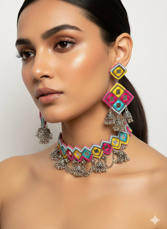 Rangrez Mirror Handmade Beaded Necklace & Earrings Set