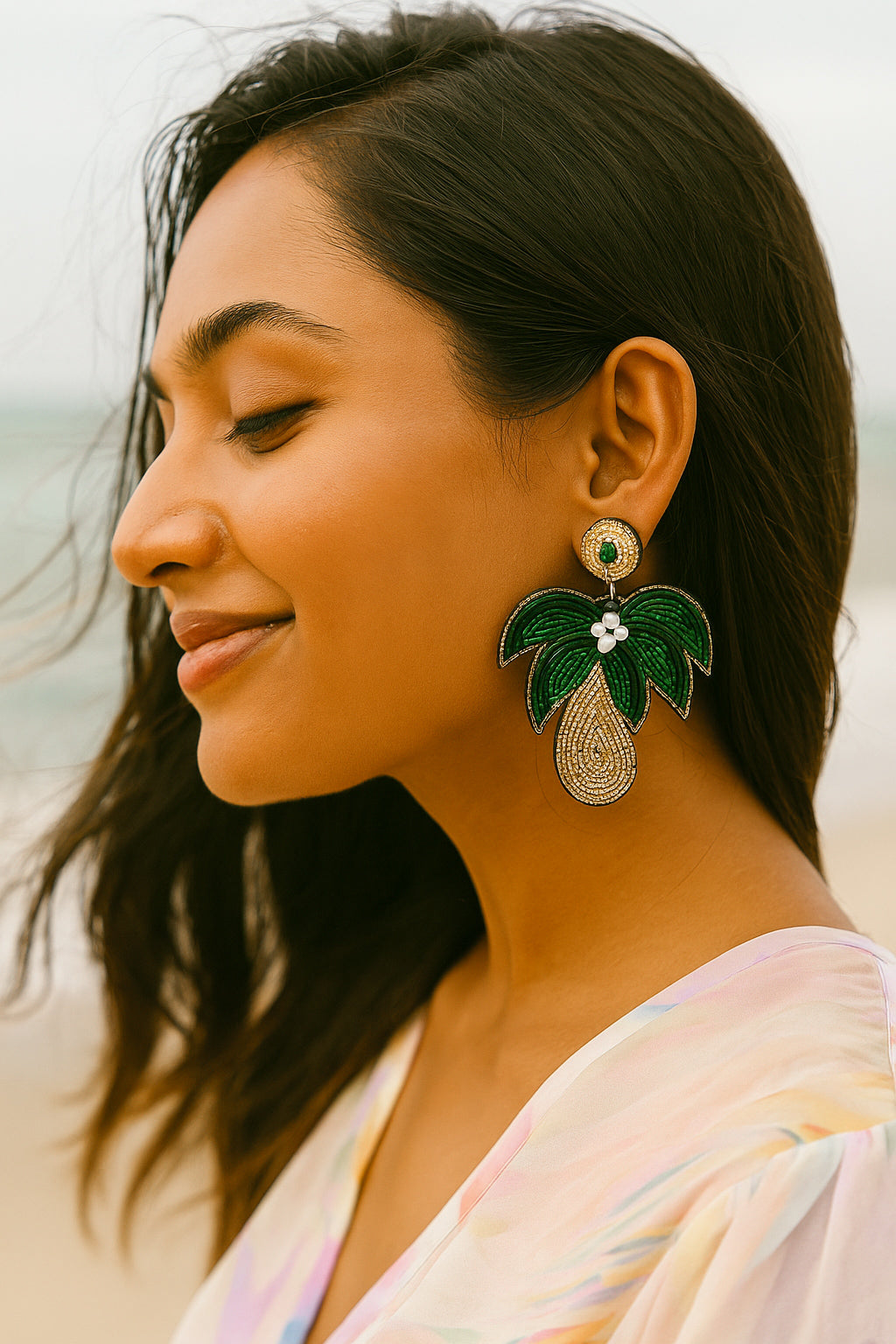 Tropical Palm Tree Handmade Beaded Earrings