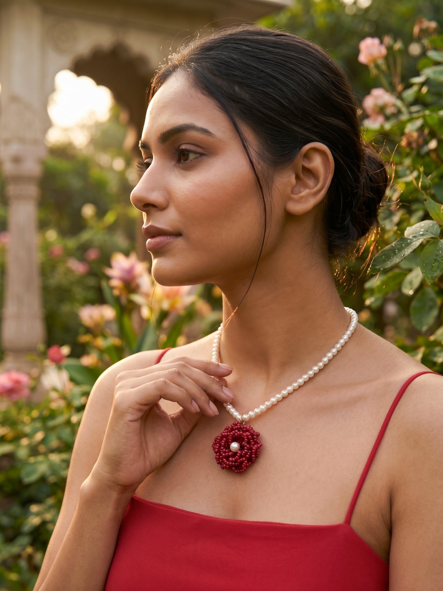 Crochet Deep Red 3D Rose Flower Handmade Beaded Necklace