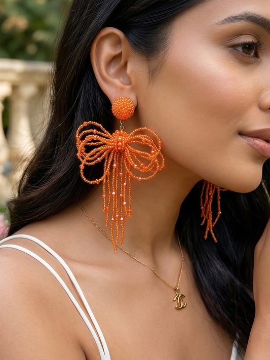 Pookie Bow (Orange) Handmade Beaded Earrings