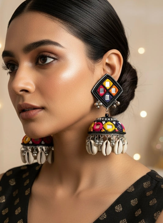 Navrang Mirror Handmade Beaded Jhumka Earrings