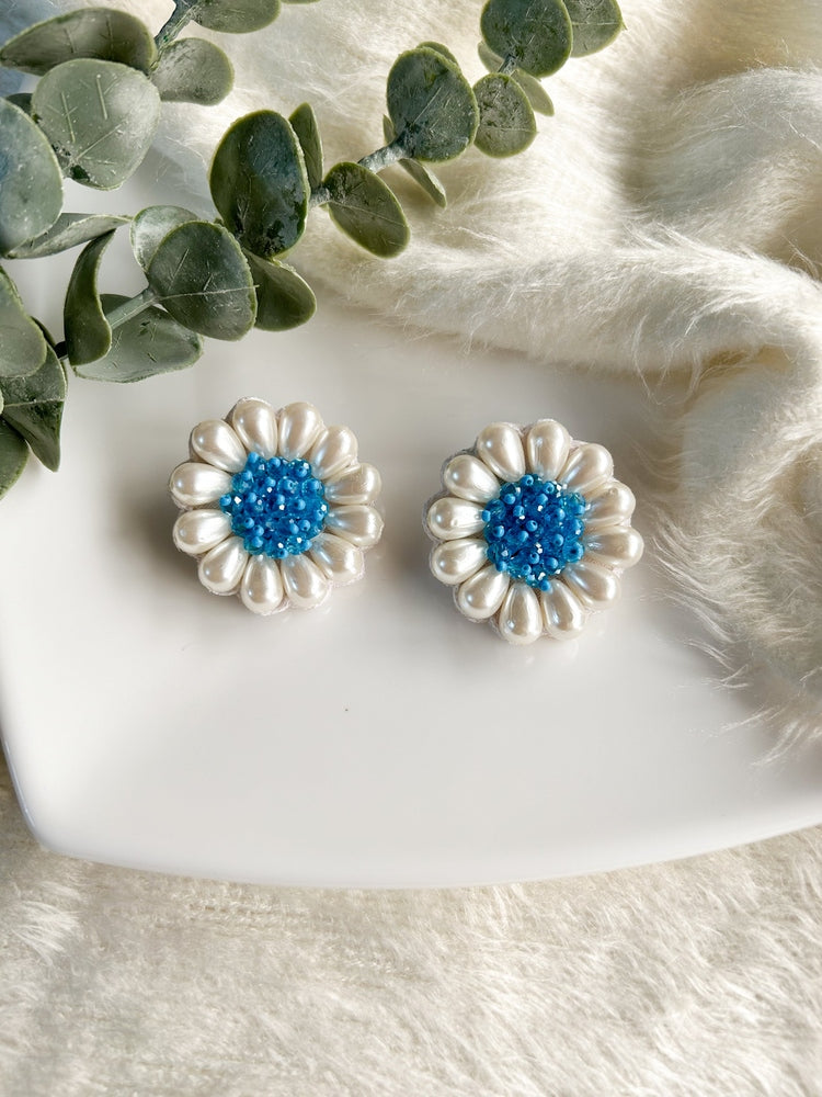 Cool Blue Daisy Stud Handmade Beaded Flower Earrings