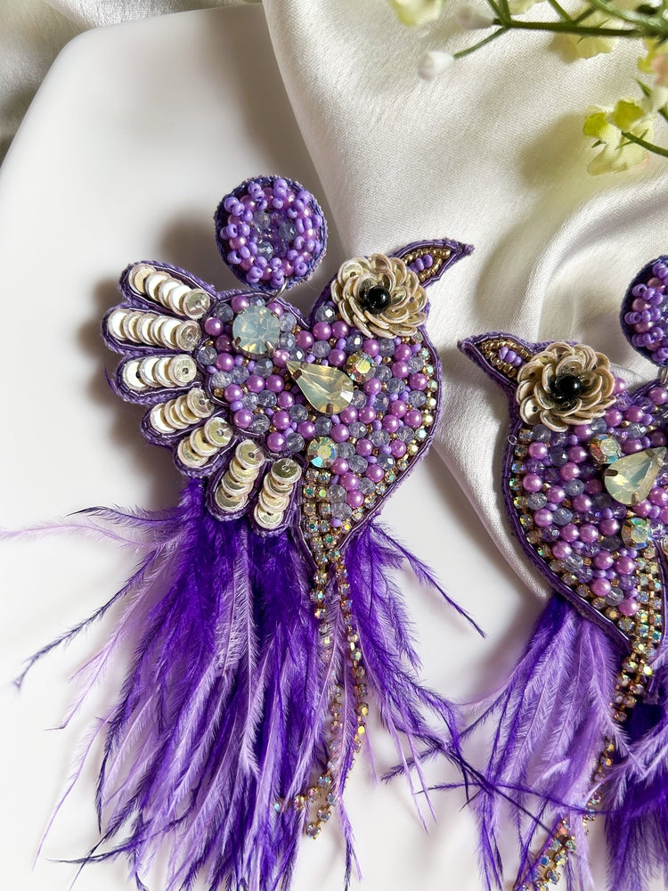 Glamorous Lilac Birdies Handmade Beaded Bird Earrings