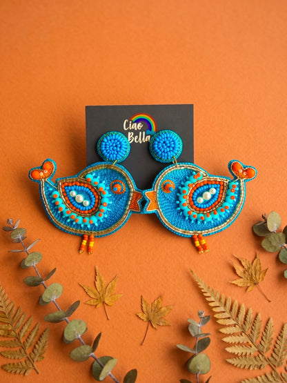 Chirpy Birdie Blue Orange Handmade Beaded Earrings