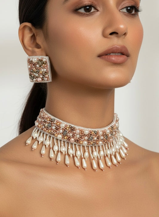 Blushing Rose Gold Handmade Beaded Choker Set