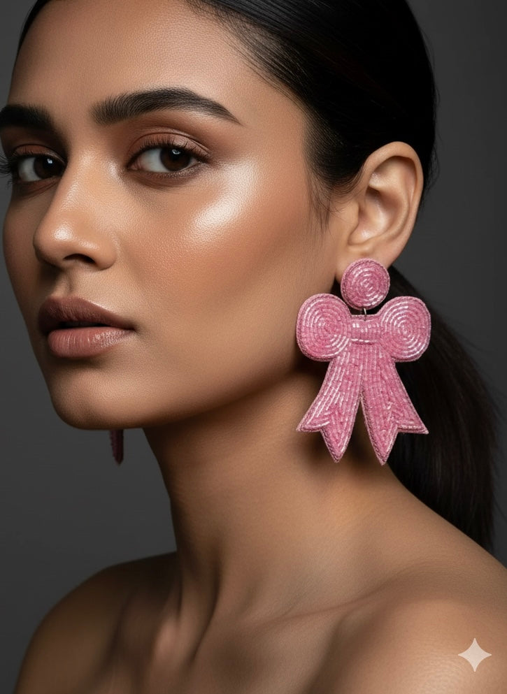 Blush Pink Bow Handmade Beaded Earrings