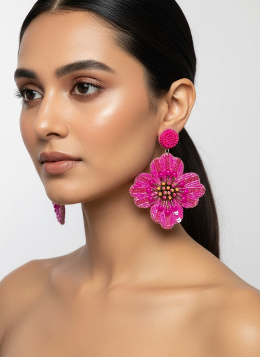 Rosey Glow Flower Handmade Beaded Earrings